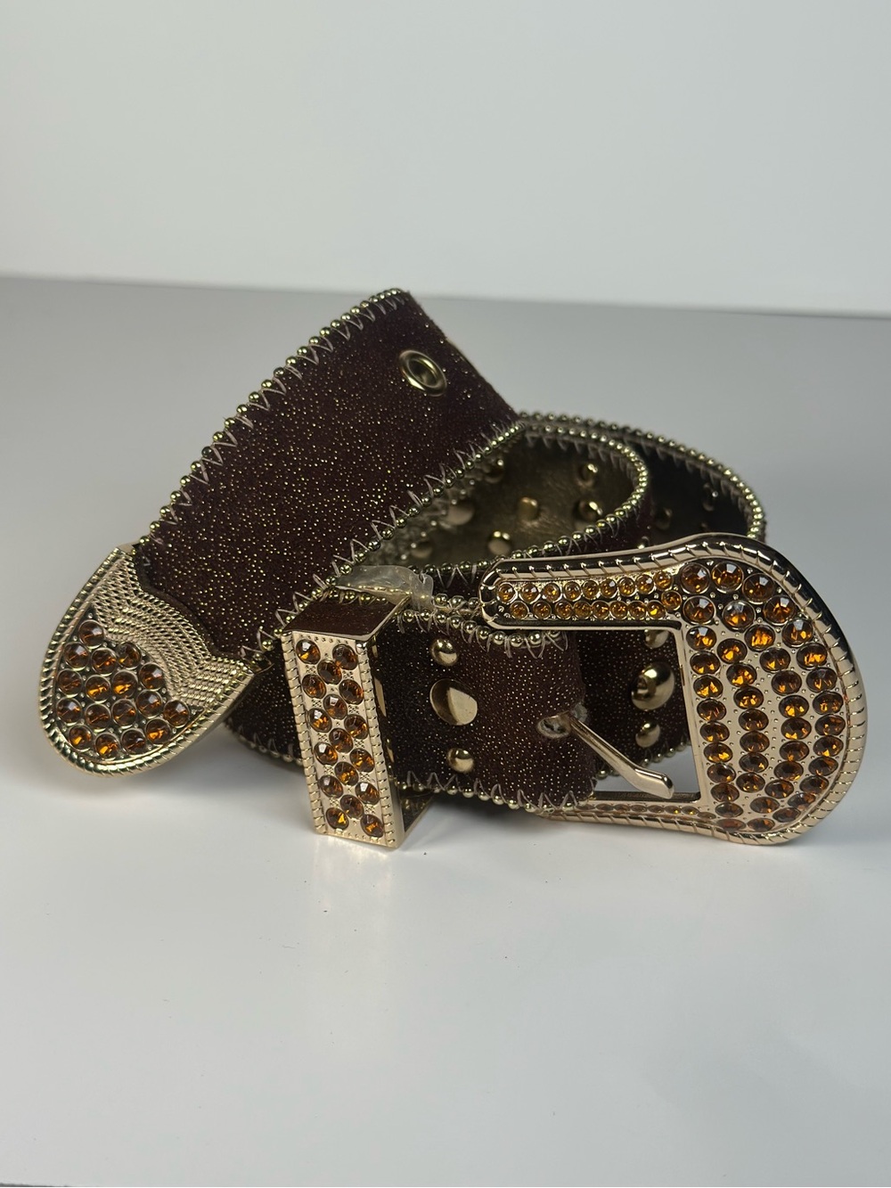 Kathy Van Zeeland Western Metallic Gold Leather Studded Crystal Belt